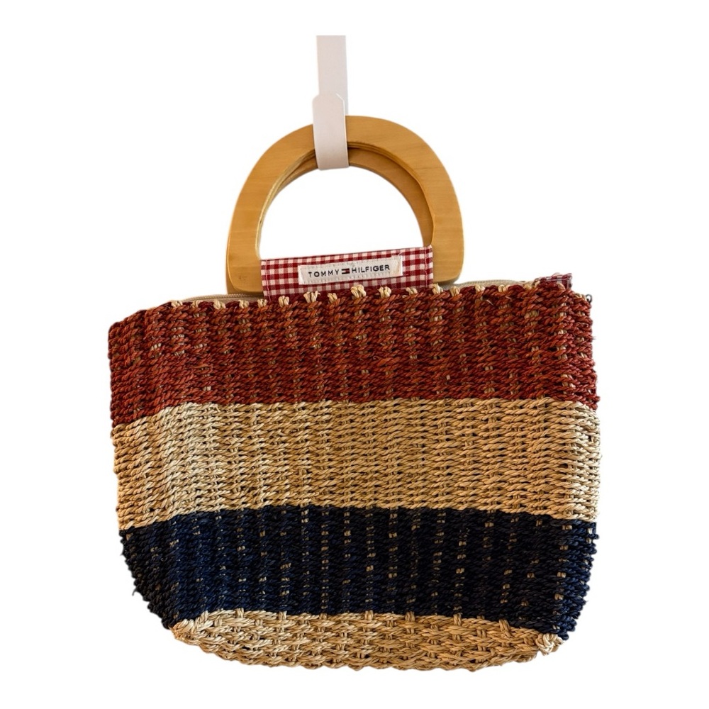 Tommy Hilfiger Red and Cream Tote Bag with Wooden Handles - Picture 4 of 5